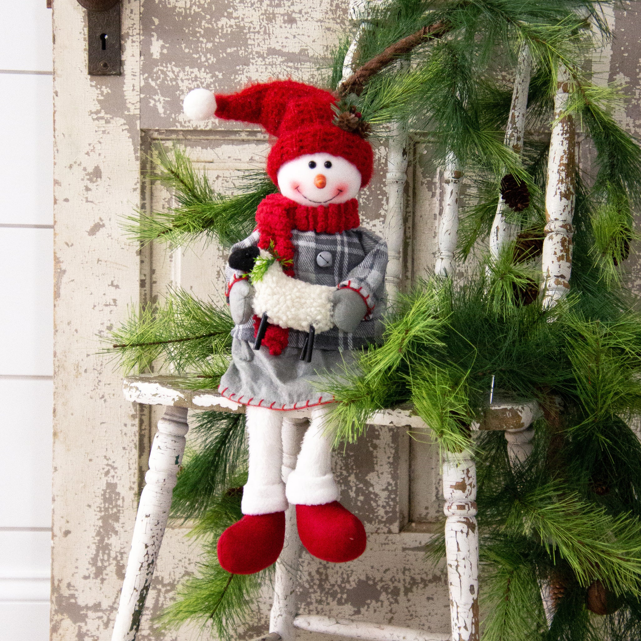 Sitting Snowman - Plaid Coat, Red Hat With Sheep