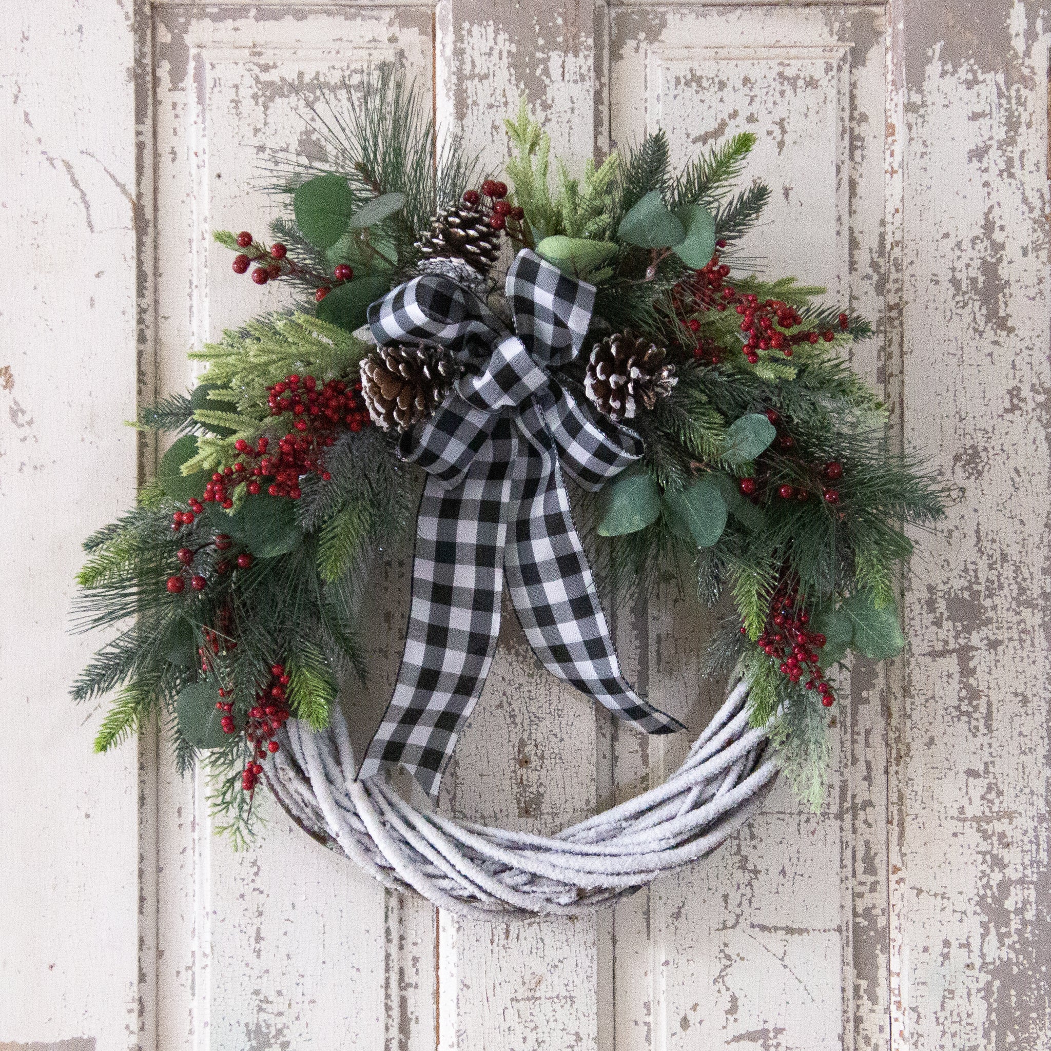 Wreath - Snowy Vine With Berries And Check Bow