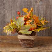 Basket Table Decor W/Maple Leaves & Pumpkin