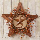 Wooden Star W/Berry Wreath - Live, Love, Laugh