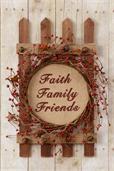 Wooden Fence W/Berry Wreath - Faith, Family, Friends