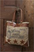 Classic Vintage Canvas Handbag - Mason Jars, Leather Trim