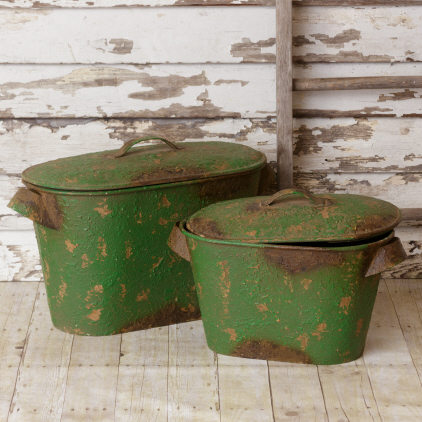 Tin Buckets With Lids - Vintage Green Nested