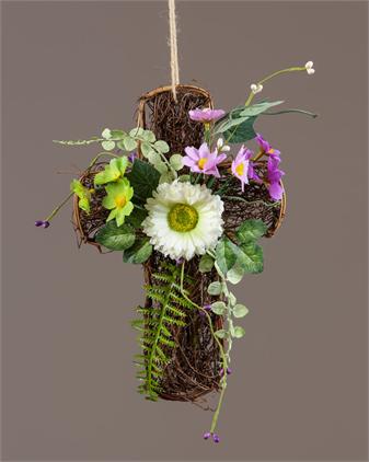 Twig Cross - Lavender, White Daisies With Assorted Foliage