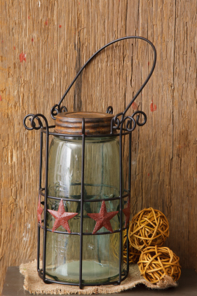 Canning Jar With Holder - Burgundy Stars