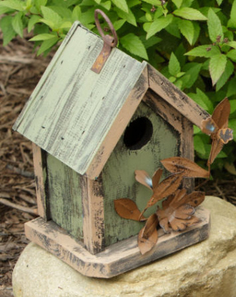 Birdhouse - Sage & Cream Wth Tin Flowers